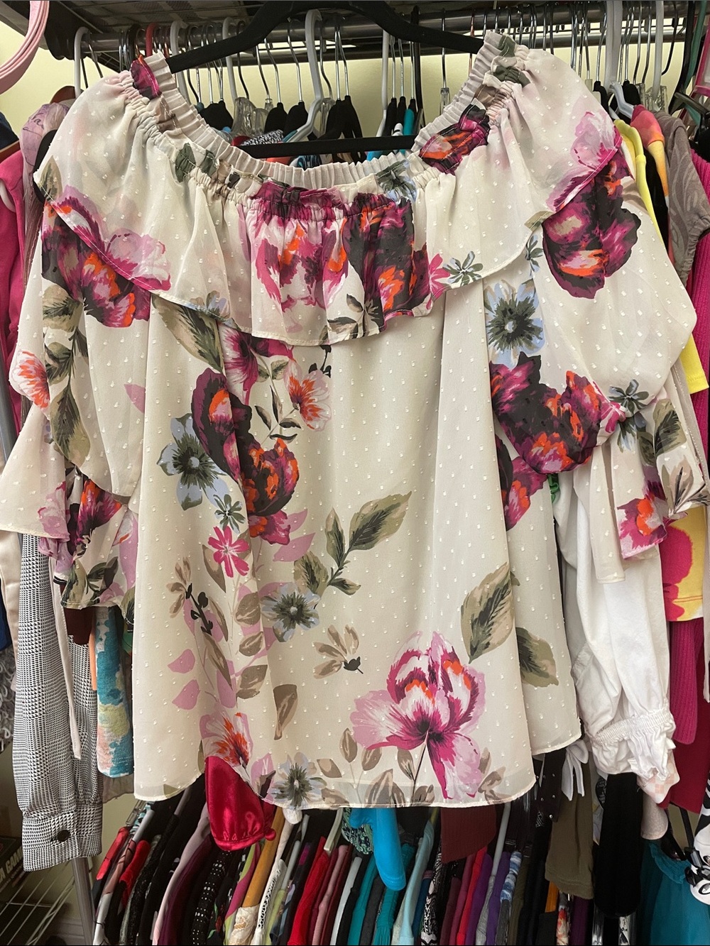 White House Black Market Cream Floral Off-Shoulder Ruffle Blouse
